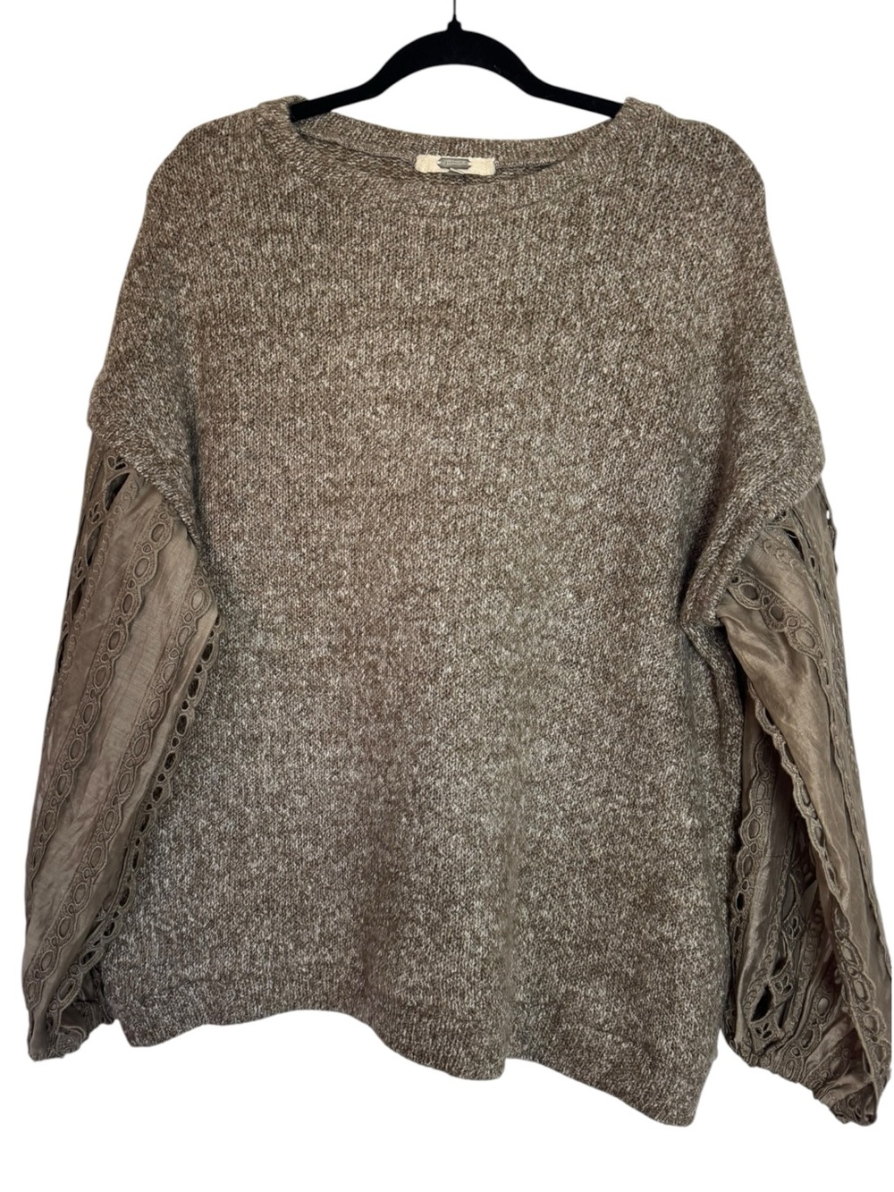 gimmicks by BKE Taupe Marled Knit Large Sweater with Lace-Detail Balloon Sleeves